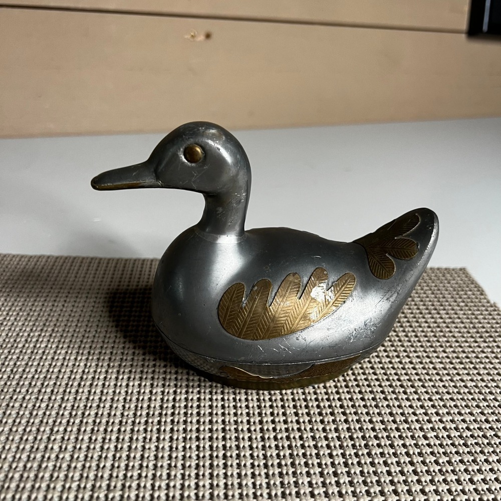 Vintage Pewter Duck Trinket Box Brass Inlay Metal Bird Figurine Decorative Dish